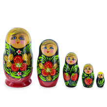 Load image into Gallery viewer, Red Color with Berries and Flowers Wooden  Nesting Dolls