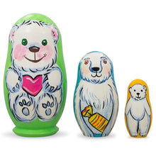 Load image into Gallery viewer, Set of 3 Bears with Heart Wooden Nesting Dolls 4.25 Inches