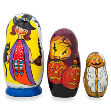 Load image into Gallery viewer, Set of 3 Halloween Witch and Pumpkins Wooden Nesting Dolls 4.25 Inches