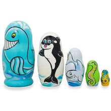 Load image into Gallery viewer, Set of 5 Dolphin, Whale, Seahorse Wooden Sea Animals Nesting Dolls 4.25 Inches