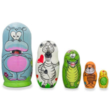 Load image into Gallery viewer, Set of 5 Hippo, Zebra and Tiger Wooden Animal Nesting Dolls 6 Inches
