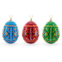 Load image into Gallery viewer, Set of 3 Vibrant Geometric Ukrainian Pysanky Wooden Easter Egg Ornaments 2.5 Inches