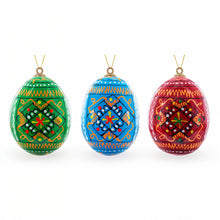 Load image into Gallery viewer, Set of 3 Vibrant Geometric Ukrainian Pysanky Wooden Easter Egg Ornaments 2.5 Inches