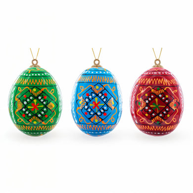 Set of 3 Vibrant Geometric Ukrainian Pysanky Wooden Easter Egg Ornaments 2.5 Inches