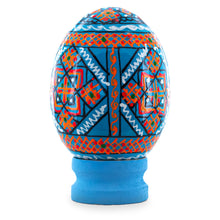 Load image into Gallery viewer, Geometrical Blue Ukrainian Wooden Easter Egg Pysanka on a Stand 3 Inches