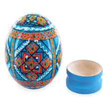 Load image into Gallery viewer, Geometrical Blue Ukrainian Wooden Easter Egg Pysanka on a Stand 3 Inches