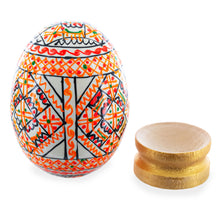 Load image into Gallery viewer, Geometrical White Ukrainian Wooden Easter Egg Pysanka on a Stand 3 Inches