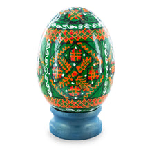 Load image into Gallery viewer, Geometrical Green Ukrainian Wooden Easter Egg Pysanka on a Stand 3 Inches