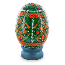Load image into Gallery viewer, Geometrical Green Ukrainian Wooden Easter Egg Pysanka on a Stand 3 Inches