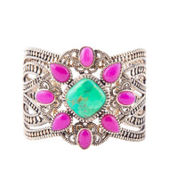 Load image into Gallery viewer, Madeira Lime and Pink Agate Statement Golden Cuff Bracelet