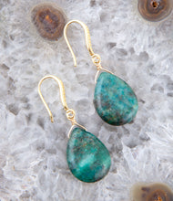 Load image into Gallery viewer, Mix of Blue and Green Chrysocolla Golden Drop Earrings