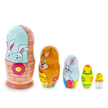 Load image into Gallery viewer, 5 Bunnies, Chick with Easter Eggs Wicker Basket Wooden Nesting Dolls 6 Inches