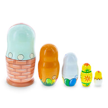 Load image into Gallery viewer, 5 Bunnies, Chick with Easter Eggs Wicker Basket Wooden Nesting Dolls 6 Inches