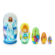 Load image into Gallery viewer, Set of 5 Jesus Christ Rising, Angel and Easter Eggs Wooden Nesting Dolls 6 Inches