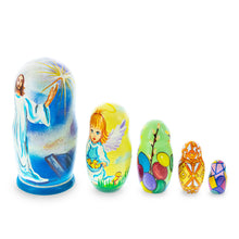 Load image into Gallery viewer, Set of 5 Jesus Christ Rising, Angel and Easter Eggs Wooden Nesting Dolls 6 Inches
