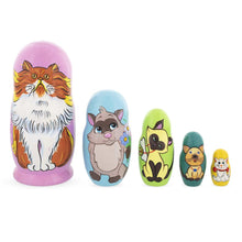 Load image into Gallery viewer, Set of 5 Colorful Cats Wooden Nesting Dolls 6 Inches