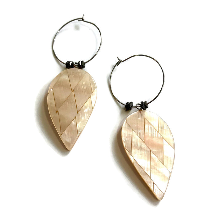 Shell Quilted Glow Resin Gun Metal Hoop Earrings