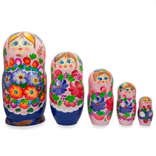 Load image into Gallery viewer, Flowers on Pink Dress Wooden  Nesting Dolls 7.25 Inches