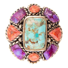 Load image into Gallery viewer, Blue Turquoise Colorful Floral Golden Ring