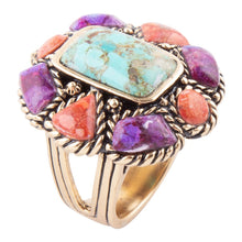 Load image into Gallery viewer, Blue Turquoise Colorful Floral Golden Ring