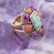 Load image into Gallery viewer, Blue Turquoise Colorful Floral Golden Ring