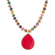 Load image into Gallery viewer, Jeweled Multicolor Tiger's Eye and Pink Jade Pendant Golden Necklace