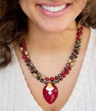 Load image into Gallery viewer, Jeweled Multi-Color Tiger's Eye and Rasberry Quartz Pendant Golden Necklace