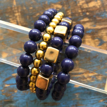 Load image into Gallery viewer, Navy Blurple &amp; Gold Cube Stack and Stretch Bracelet Set *