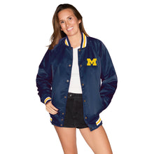 Load image into Gallery viewer, University of Michigan Navy Satin Letterman Bomber Jacket