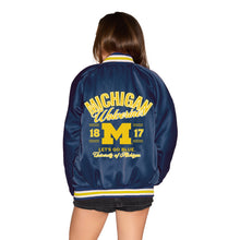 Load image into Gallery viewer, University of Michigan Navy Satin Letterman Bomber Jacket