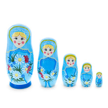 Load image into Gallery viewer, 5 Girls with Daisy Flowers &amp; Blue Skirt Wooden Nesting Dolls 6 Inches