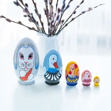 Load image into Gallery viewer, 5 Bunny, Duck, Rooster, Hen &amp; Chick Egg Shape Wooden Nesting Dolls 5 Inches