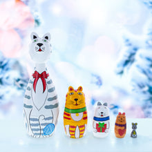 Load image into Gallery viewer, Four Cats and Mouse Wooden Nesting Dolls 7 Inches