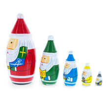 Load image into Gallery viewer, Set of 5 Multicolor Santa with Christmas Gifts Wooden Nesting Dolls 5.5 Inches