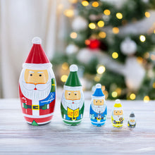 Load image into Gallery viewer, Set of 5 Multicolor Santa with Christmas Gifts Wooden Nesting Dolls 5.5 Inches