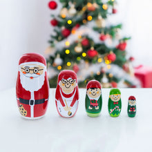 Load image into Gallery viewer, Set of 5 Santa, Mrs. Claus, Elf &amp; Snowman Wooden Nesting Dolls 4.75 Inches