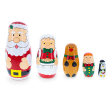 Load image into Gallery viewer, Santa, Mrs. Claus, Reindeer, Elf Wooden Nesting Dolls 6 Inches