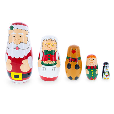 Santa, Mrs. Claus, Reindeer, Elf Wooden Nesting Dolls 6 Inches