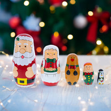 Load image into Gallery viewer, Santa, Mrs. Claus, Reindeer, Elf Wooden Nesting Dolls 6 Inches