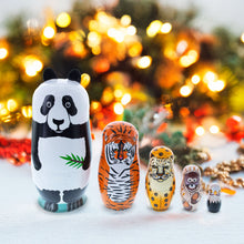 Load image into Gallery viewer, Panda, Tiger, Leopard, Monkey, Eagle Wooden Nesting Dolls