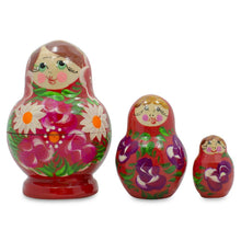 Load image into Gallery viewer, Set of 3 Floral Red Miniature  Nesting Dolls 3.5 Inches