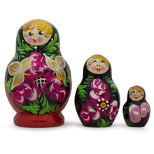 Load image into Gallery viewer, Set of Flowers on Black and Red Dress Nesting Dolls 3.5 Inches