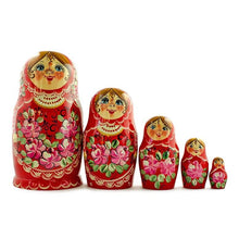 Load image into Gallery viewer, Set of Girls in Red Dress Wooden Nesting Dolls 7 Inches