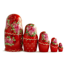 Load image into Gallery viewer, Set of Girls in Red Dress Wooden Nesting Dolls 7 Inches