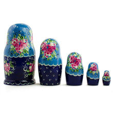 Load image into Gallery viewer, Set of 5 Blue Floral Dress Girls Wooden Nesting Dolls 7 Inches