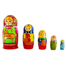 Load image into Gallery viewer, Set of 5 Girls with Cat, Rooster and Duck Animals Nesting Dolls 6 Inches