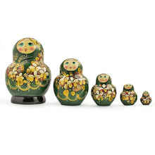 Load image into Gallery viewer, Set of 5 Golden Flowers on Red Dress Nesting Dolls  5 Inches