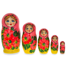 Load image into Gallery viewer, Set of 5 Pink Scarf and Yellow Dress Wooden Nesting Dolls 7 Inches
