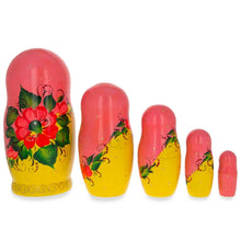 Load image into Gallery viewer, Set of 5 Pink Scarf and Yellow Dress Wooden Nesting Dolls 7 Inches