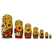 Load image into Gallery viewer, Set of 7 Yana with Cat in Red Dress Nesting Dolls 8.5 Inches